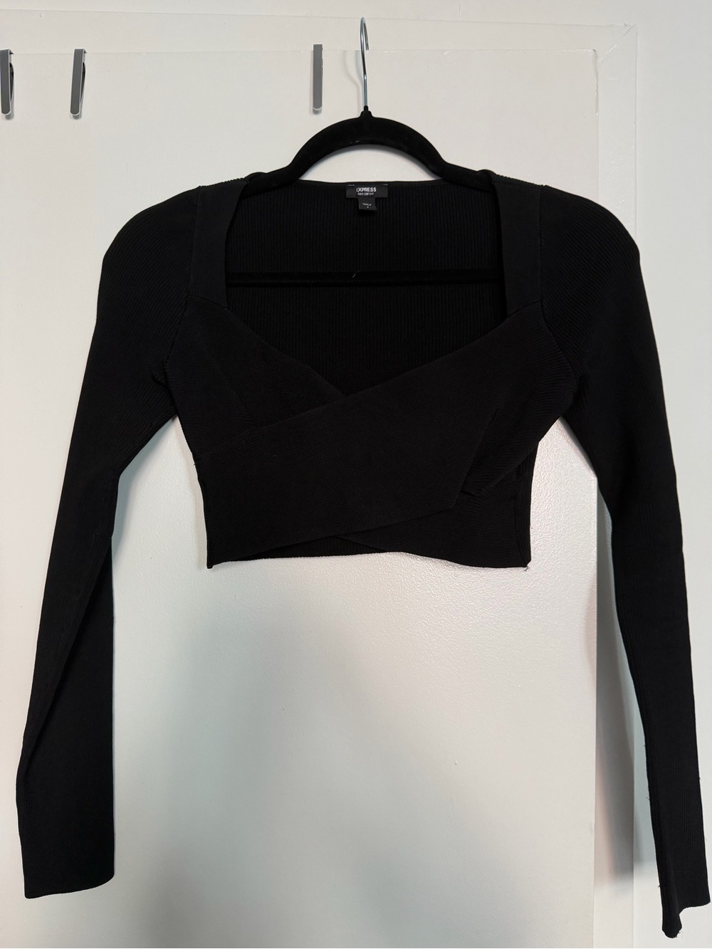 Express Black Cropped Wrap-Front Long Sleeve Top